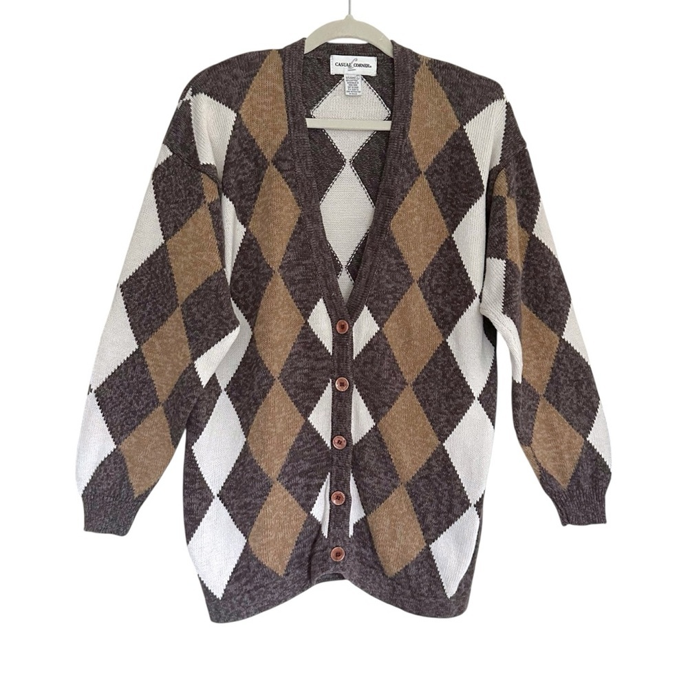 Vintage Casual Corner Argyle Cardigan Sweater Brown Tan Cream Academia Preppy‎ L